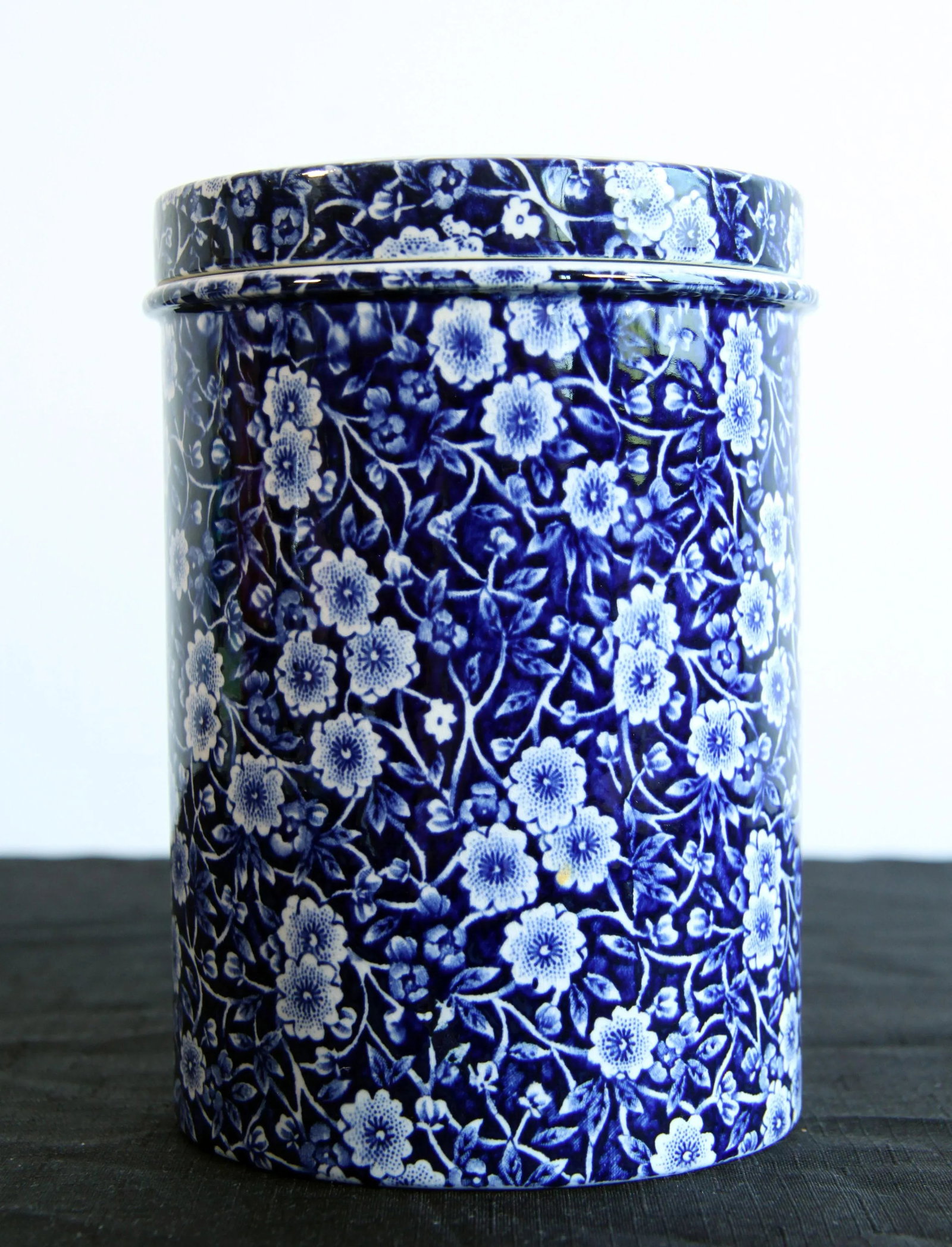 Vintage Staffordshire Calico Blue & White Chintz Ceramic Ironstone Lidded Jar - 2