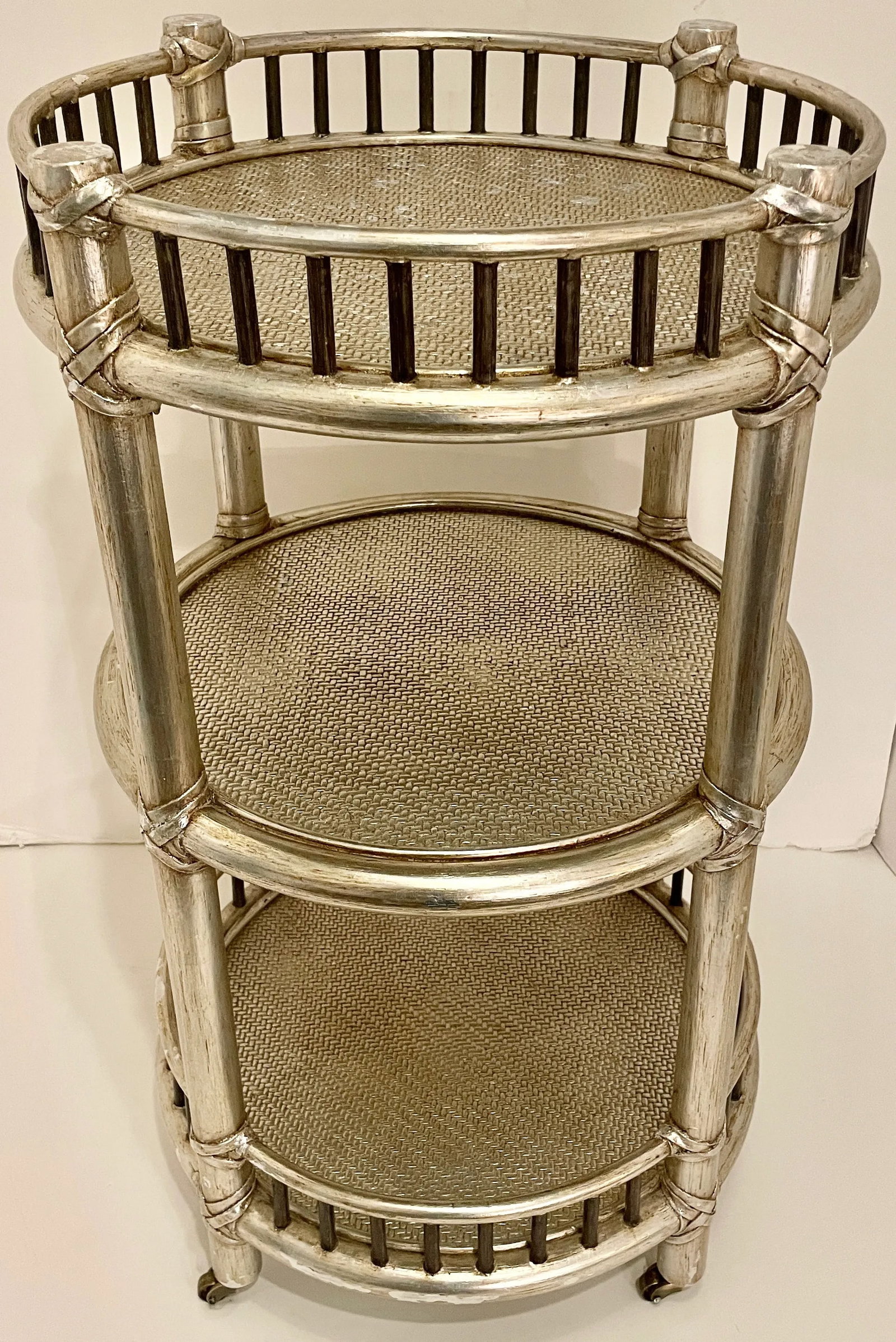 McGuire "Petit Porto" Three Tier Silver Finish Rattan Bamboo and Leather Rolling Bar Cart - 12
