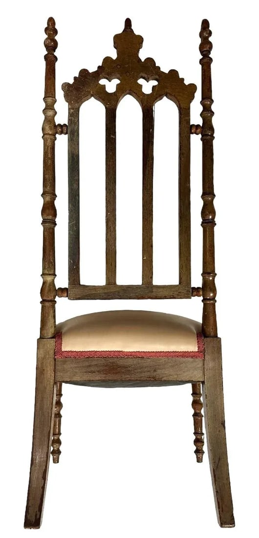 Antique Walnut English Cathedral Spire Chair With New Goatskin Upholstery - 3