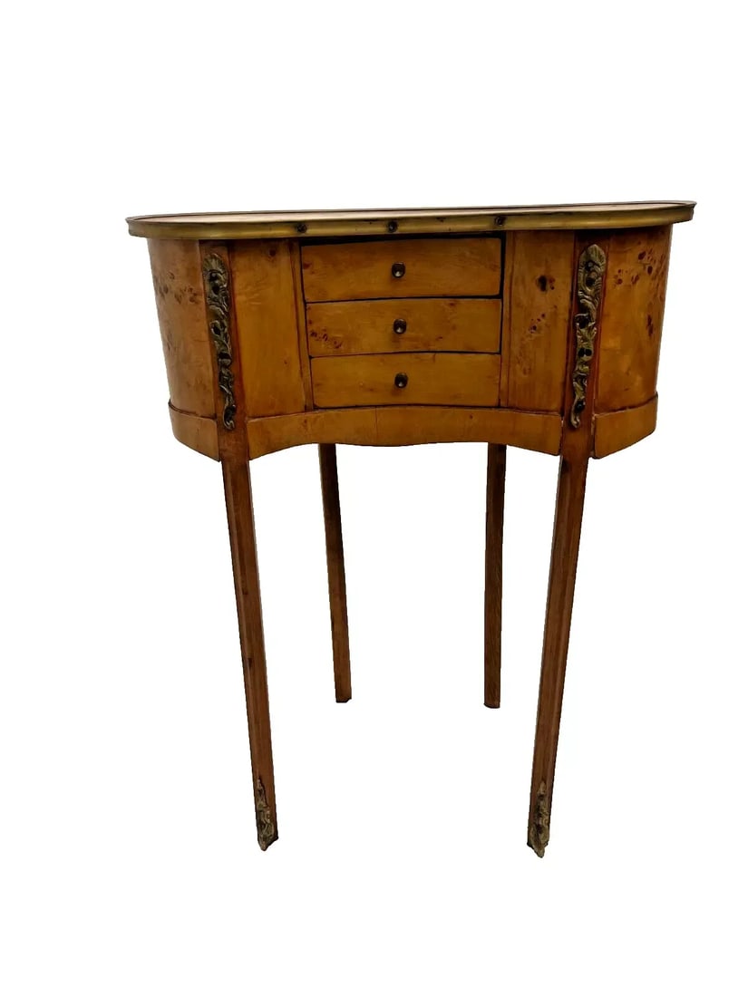 1950s Kidney Nightstand Three Drawers Brass Accents Birdseye Maple French Style - 2