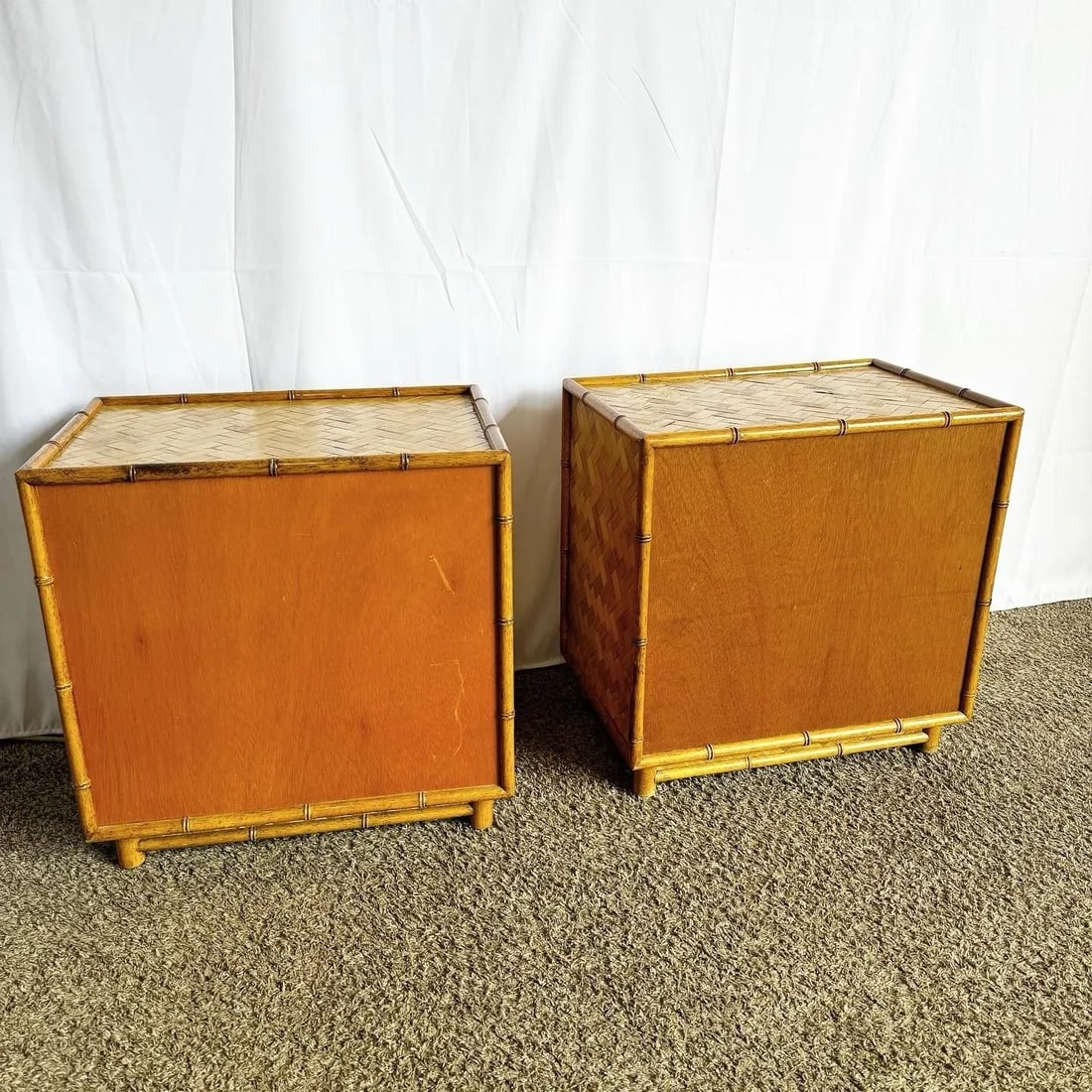 Boho Chic Faux Bamboo & Herringbone Nightstands/Side Tables - Set of 2 - 8