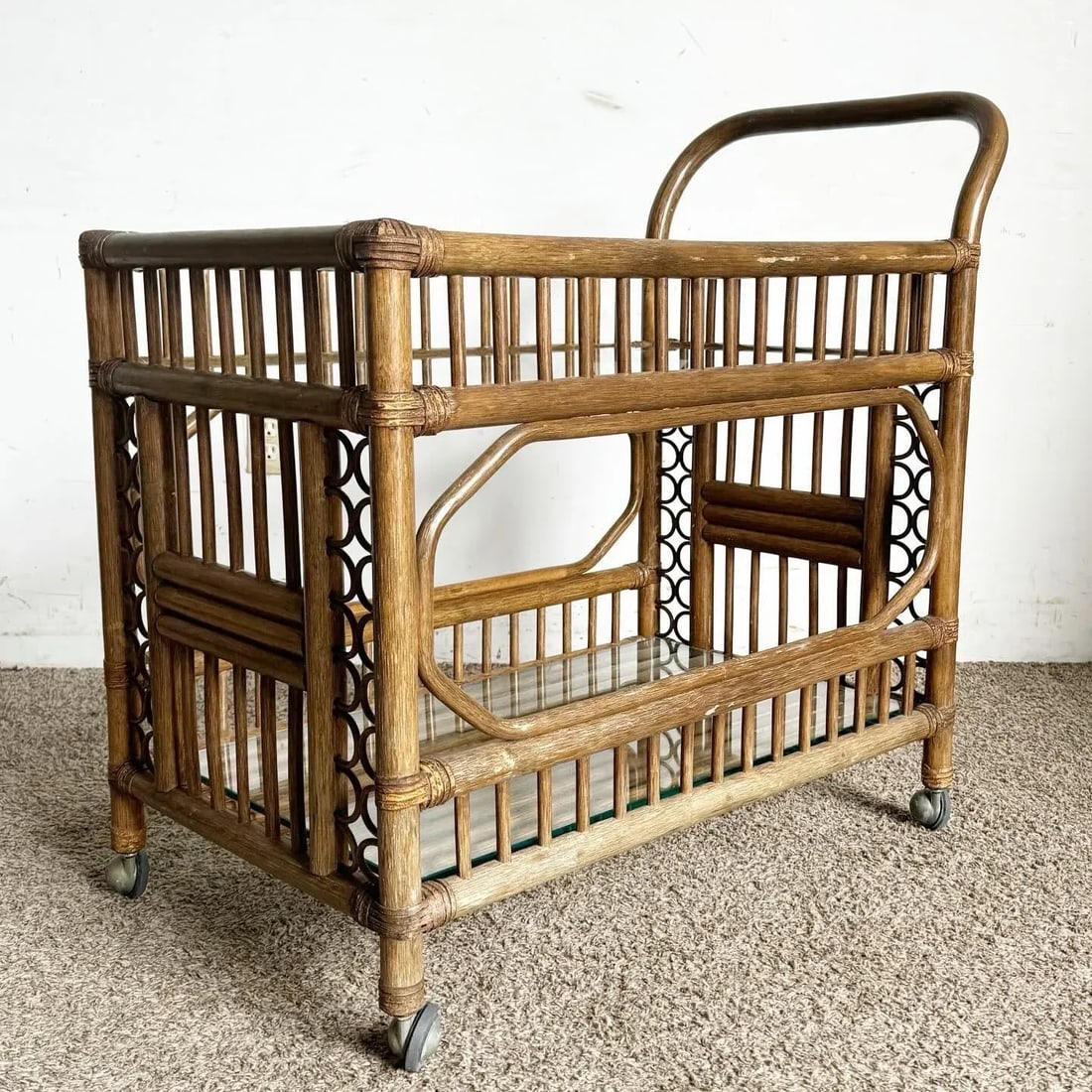 Boho Chic Bamboo Rattan and Glass Two-Tier Bar Cart - 2