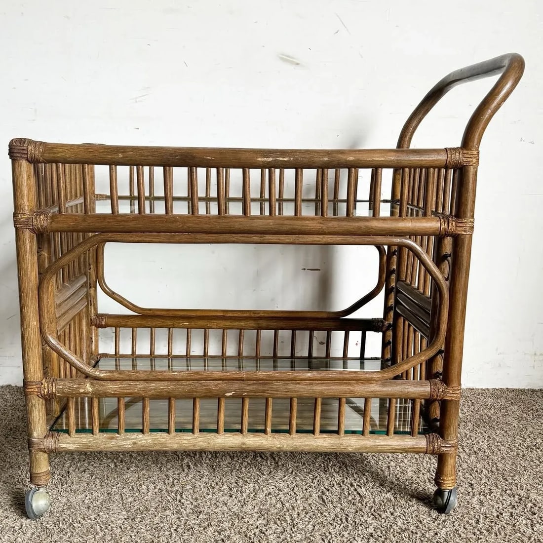 Boho Chic Bamboo Rattan and Glass Two-Tier Bar Cart - 5