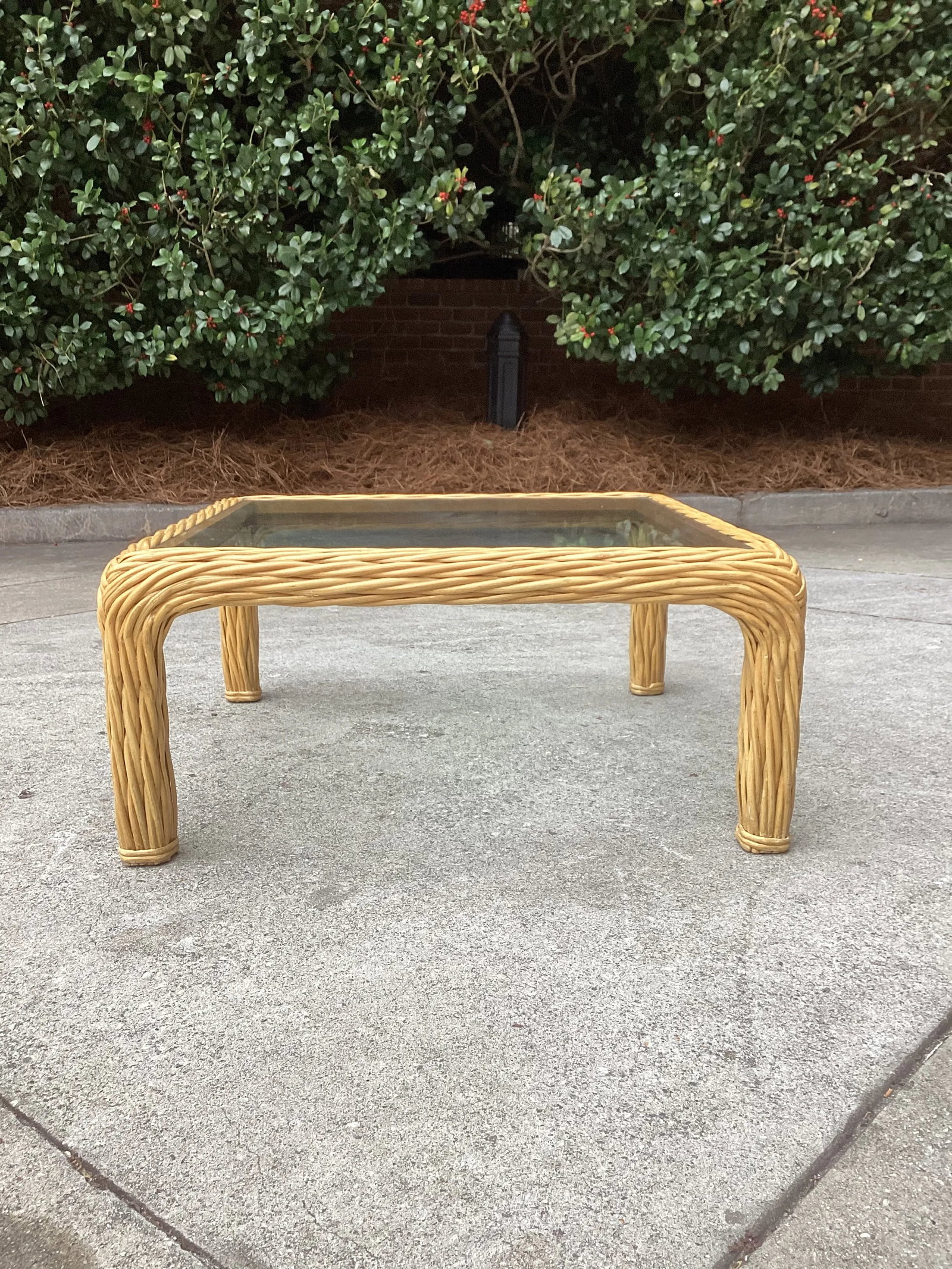 Mid Century Pencil Reed and Rattan Square Cocktail Table With Glass Top - 6