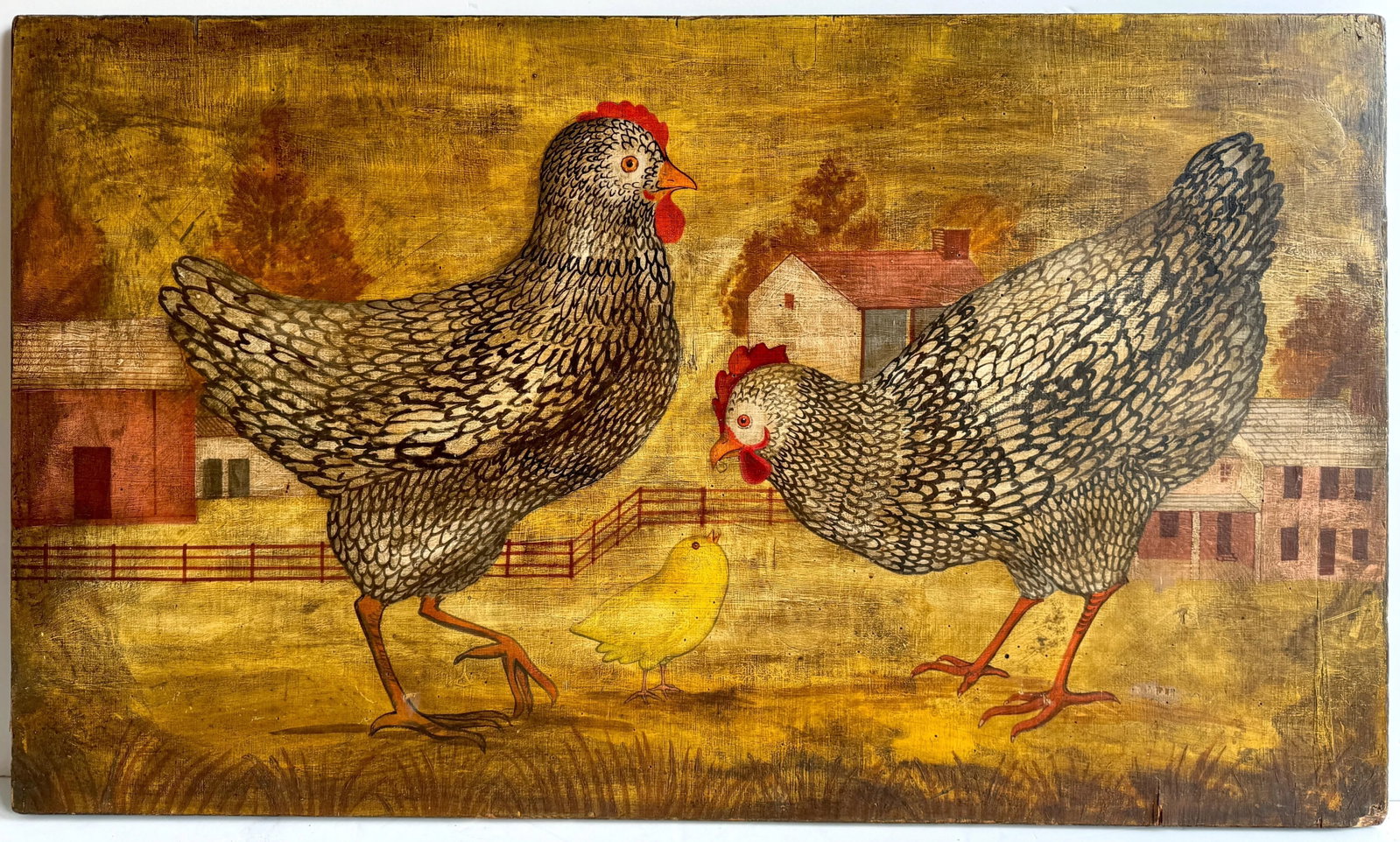 American Folk Art paintings of Chickens in Farm Landscape, signed 'Horiz' - 2