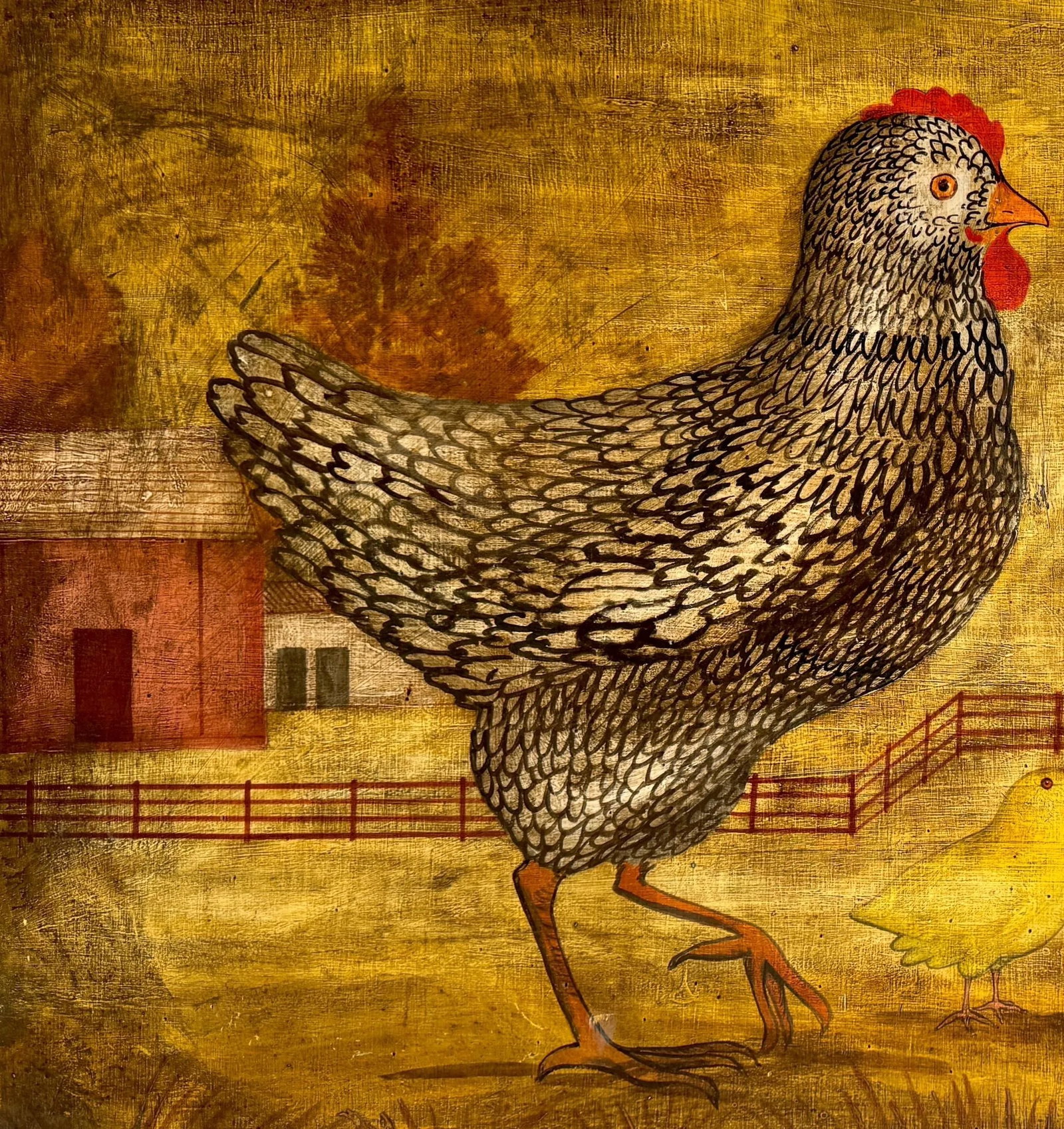 American Folk Art paintings of Chickens in Farm Landscape, signed 'Horiz' - 3