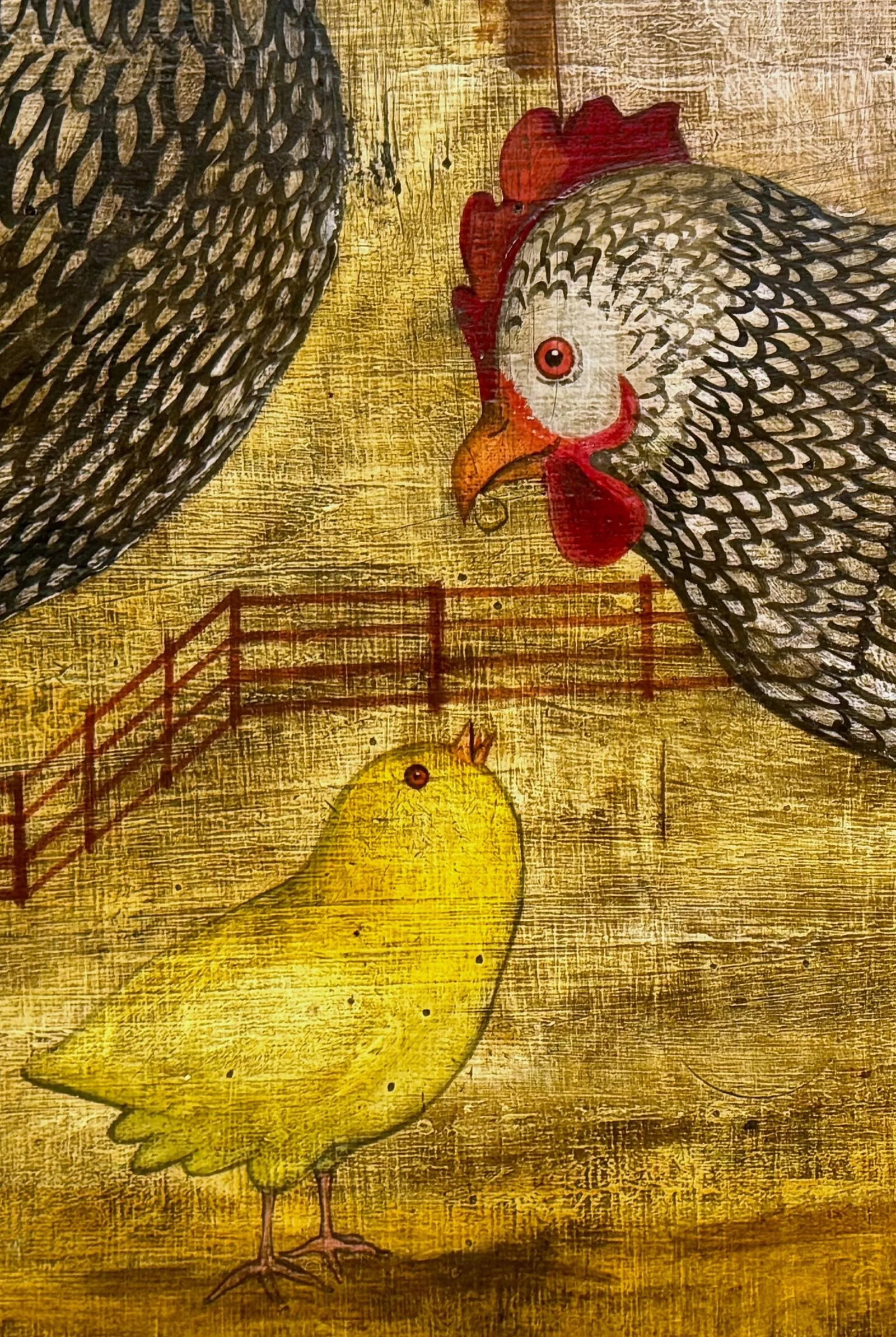 American Folk Art paintings of Chickens in Farm Landscape, signed 'Horiz' - 4