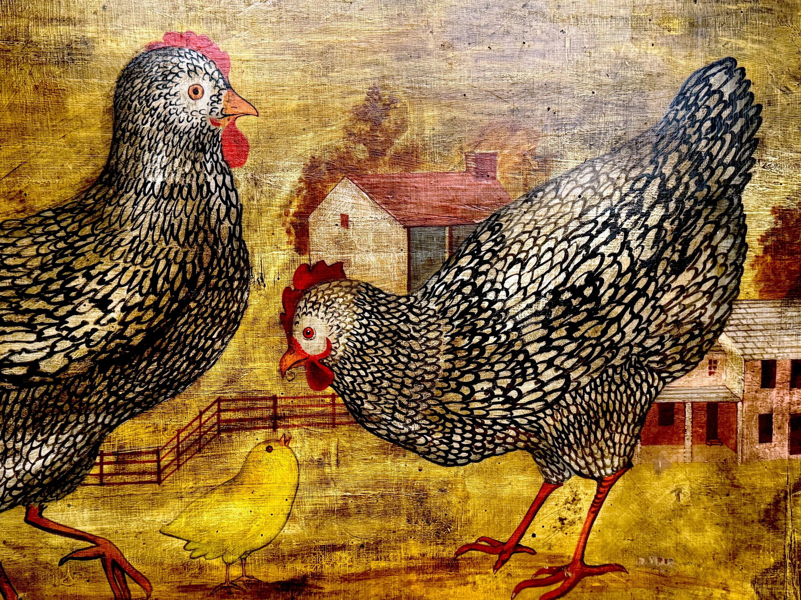 American Folk Art paintings of Chickens in Farm Landscape, signed 'Horiz' - 5