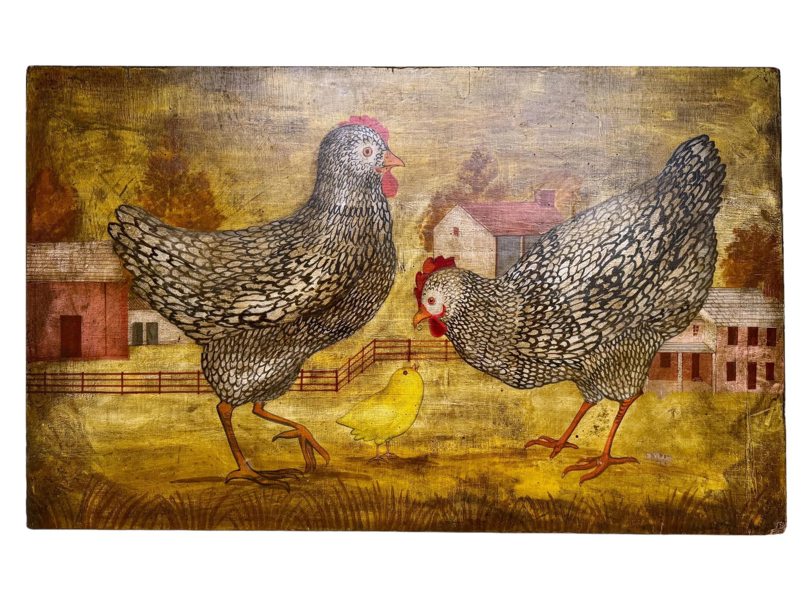 American Folk Art paintings of Chickens in Farm Landscape, signed 'Horiz' - 6