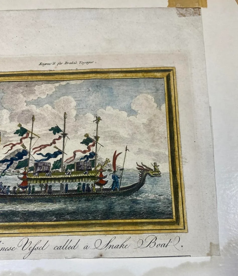 Engraving of Chinese Snake Boat Drakes Voyages Circa 1768 - 8