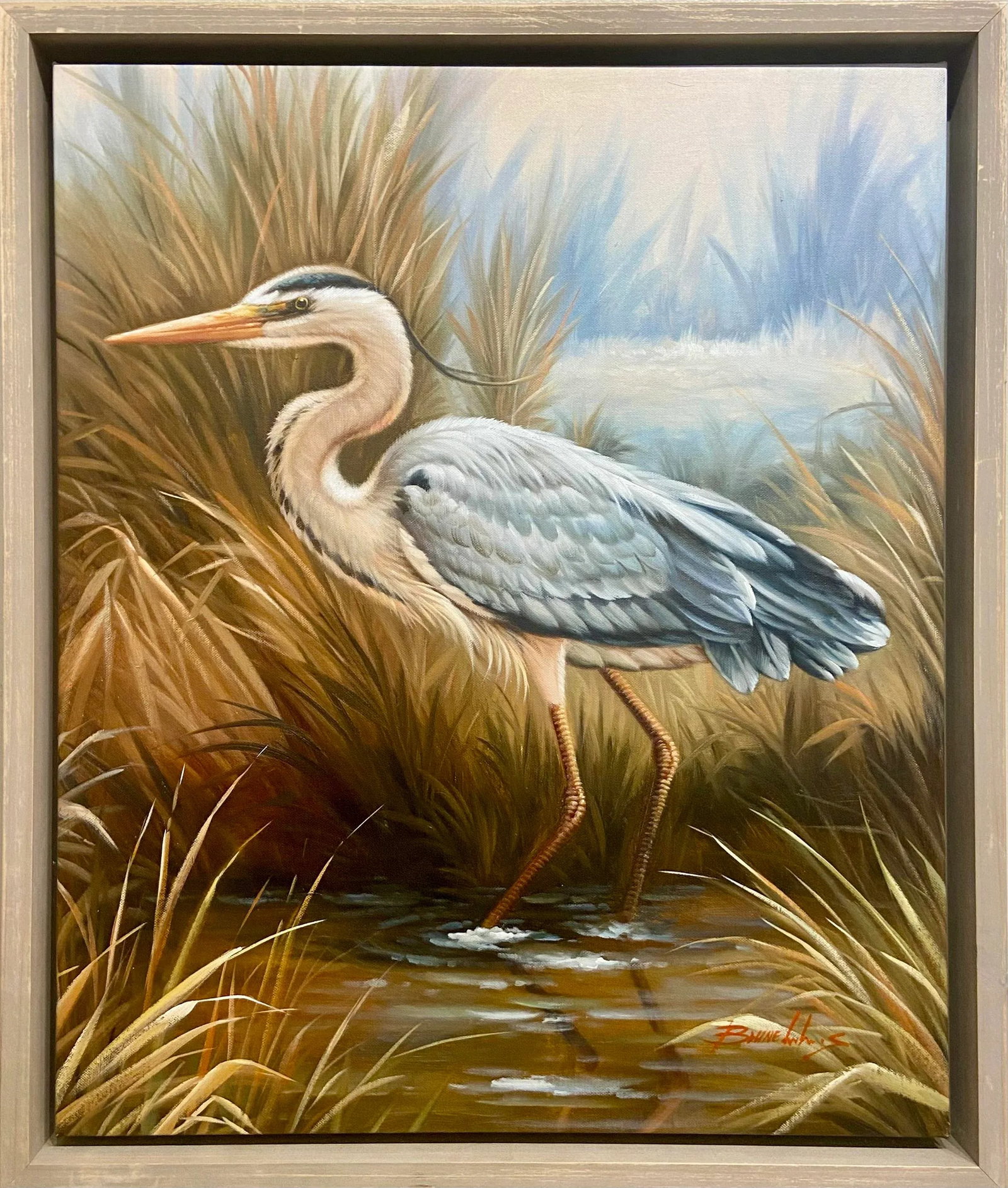Contemporary Heron, Original Oil on Canvas, Framed: Original oil on canvas by Brunehylis. Displayed in a wood floating frame. Dimensions: 22 x 26" Condition: Alterations: Original Condition Unaltered Imperfections: Some Imperfections Condition Notes: