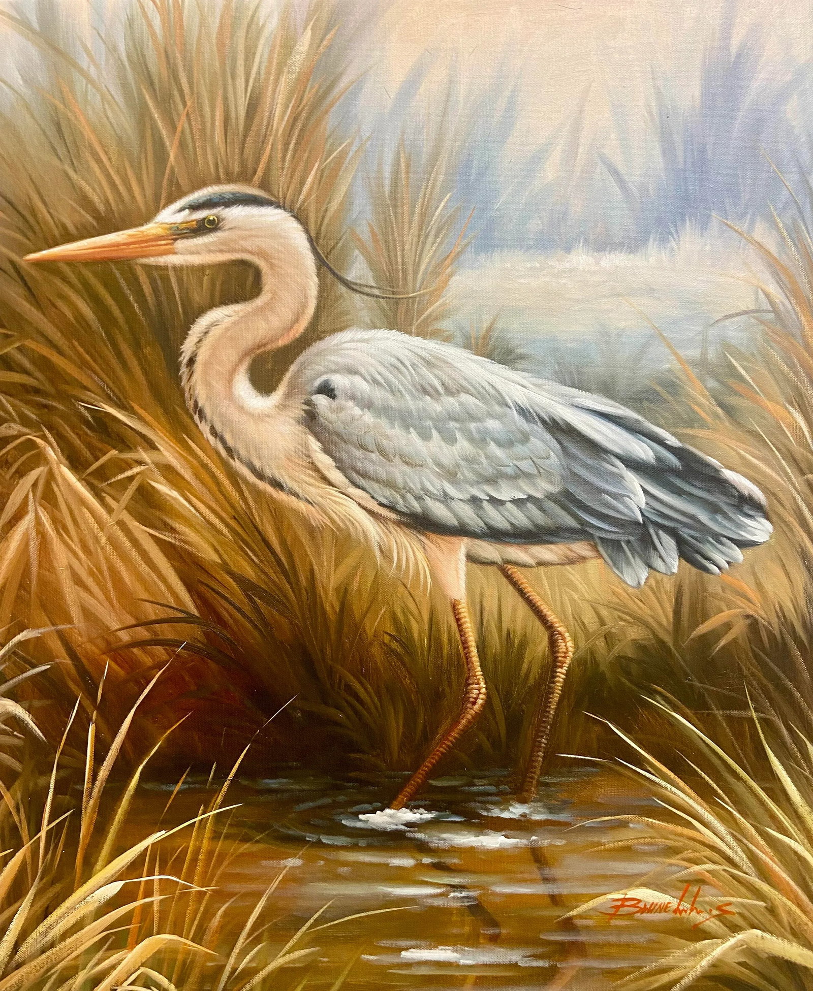 Contemporary Heron, Original Oil on Canvas, Framed - 2