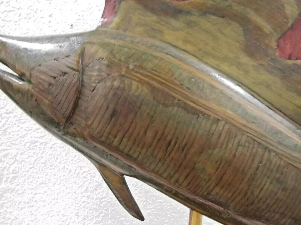 1970s Vintage Carved Silk Oak Wood Sailfish Swordfish Sculpture Signed on Cypress Base - 10