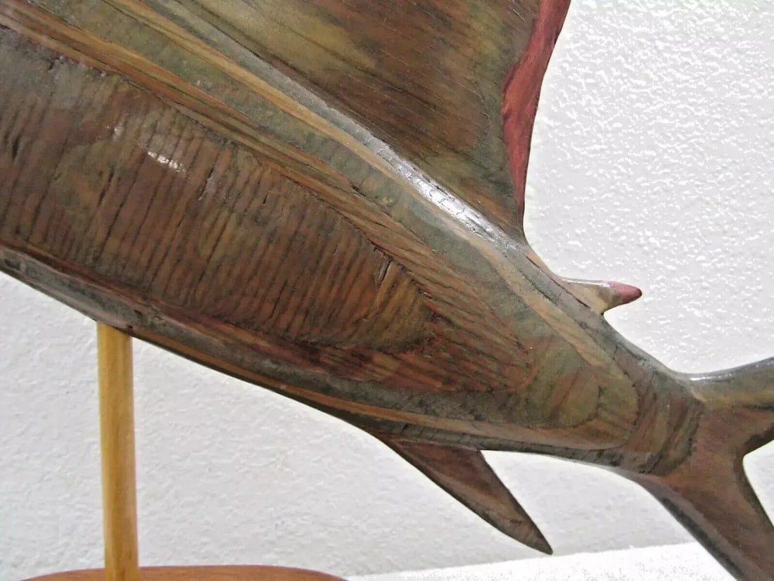 1970s Vintage Carved Silk Oak Wood Sailfish Swordfish Sculpture Signed on Cypress Base - 11