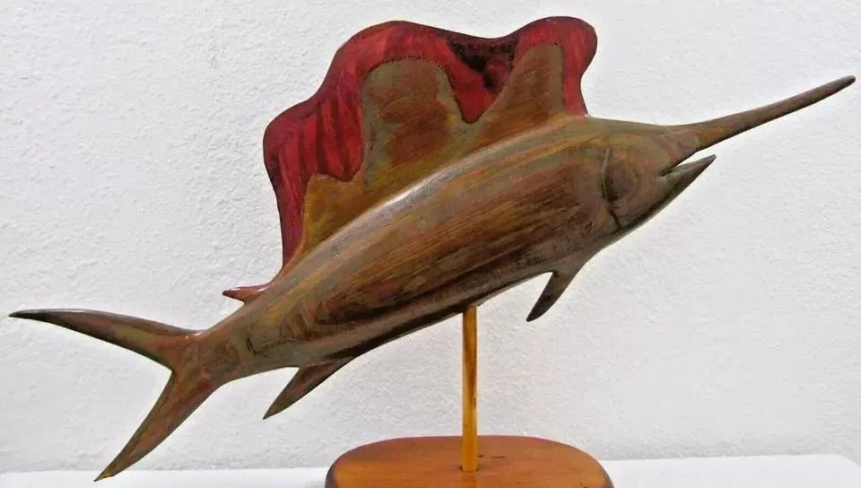 1970s Vintage Carved Silk Oak Wood Sailfish Swordfish Sculpture Signed on Cypress Base - 2