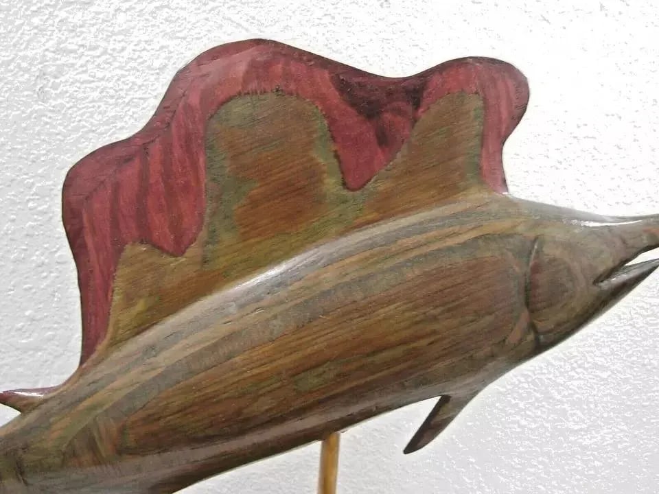 1970s Vintage Carved Silk Oak Wood Sailfish Swordfish Sculpture Signed on Cypress Base - 3