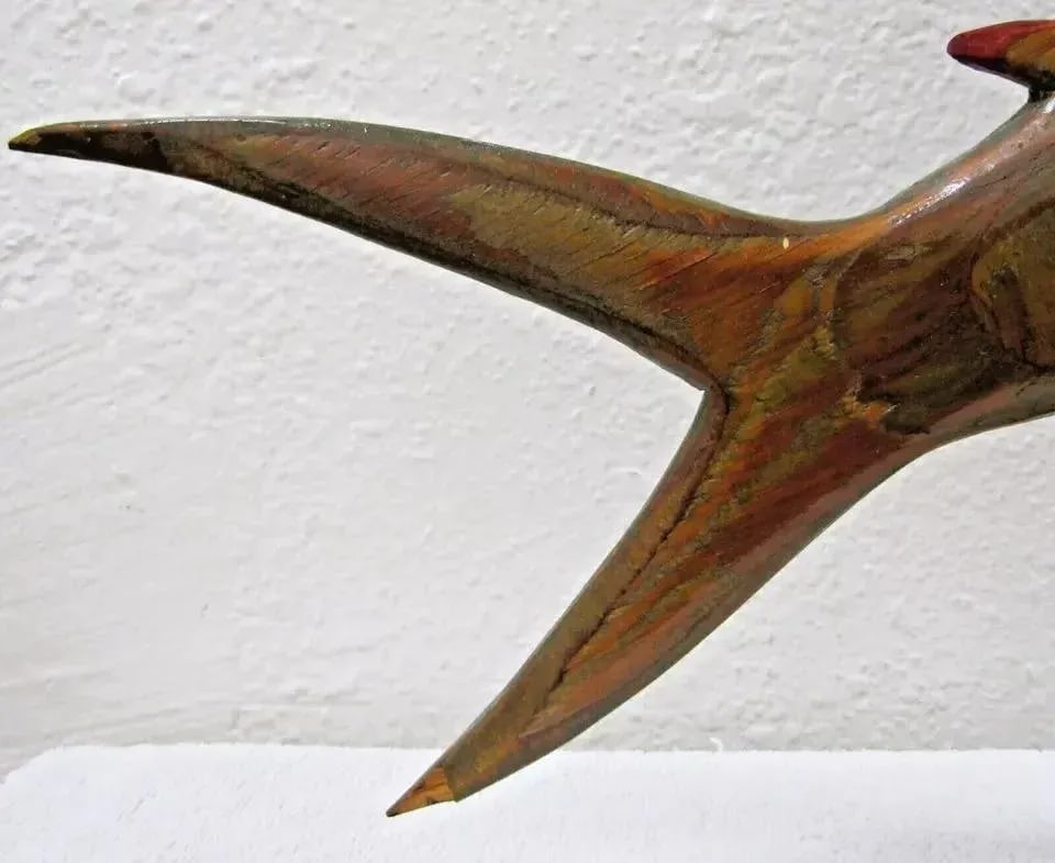 1970s Vintage Carved Silk Oak Wood Sailfish Swordfish Sculpture Signed on Cypress Base - 4