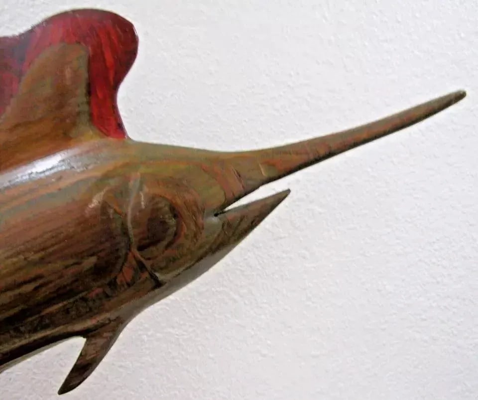 1970s Vintage Carved Silk Oak Wood Sailfish Swordfish Sculpture Signed on Cypress Base - 5