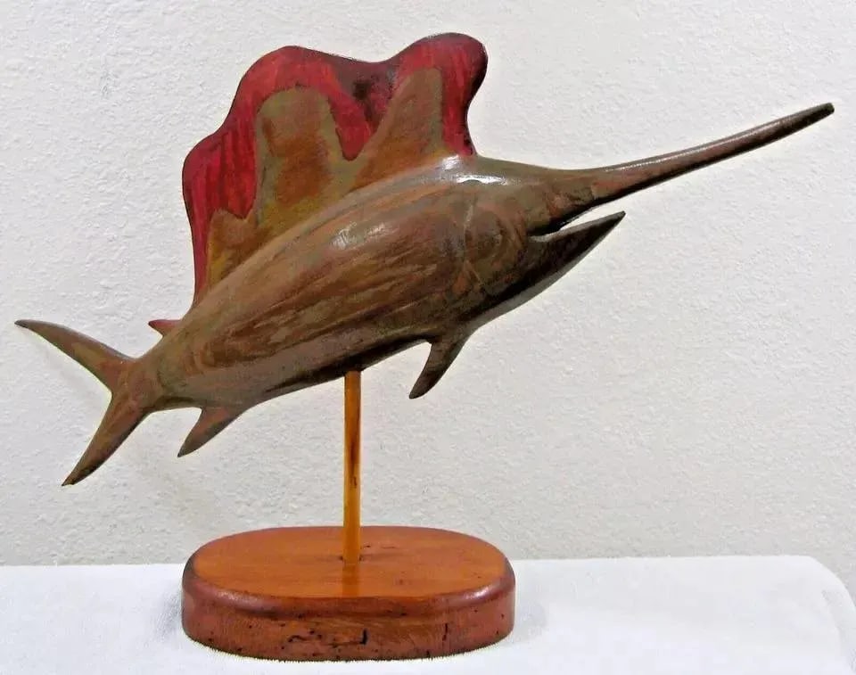 1970s Vintage Carved Silk Oak Wood Sailfish Swordfish Sculpture Signed on Cypress Base - 6
