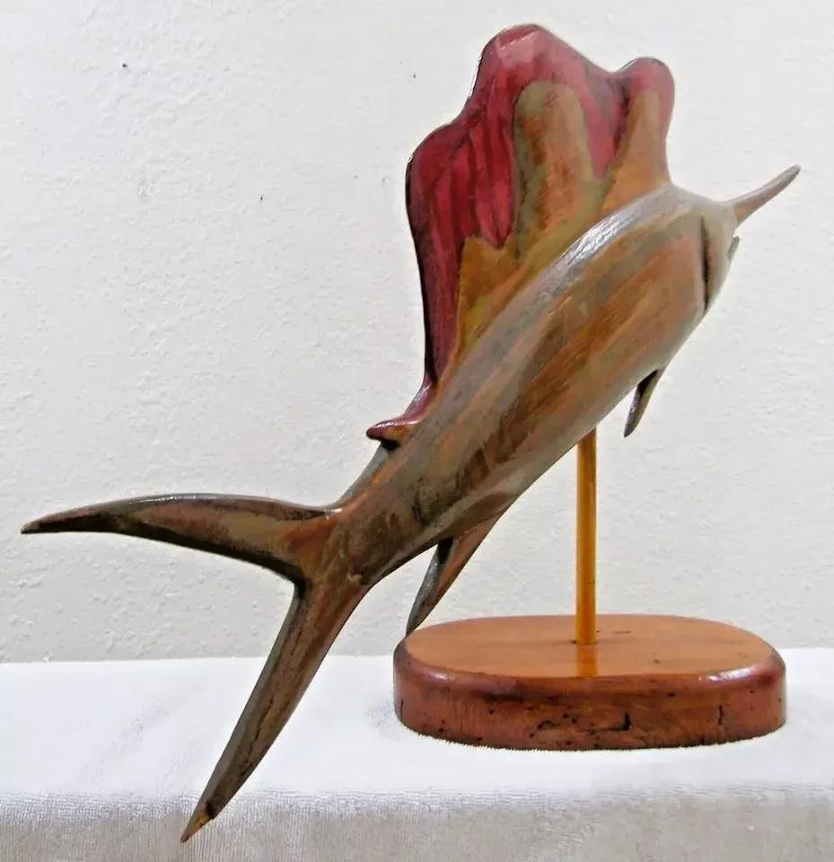 1970s Vintage Carved Silk Oak Wood Sailfish Swordfish Sculpture Signed on Cypress Base - 8