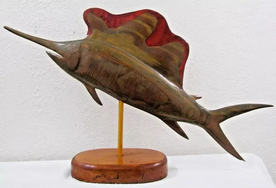 1970s Vintage Carved Silk Oak Wood Sailfish Swordfish Sculpture Signed on Cypress Base - 9