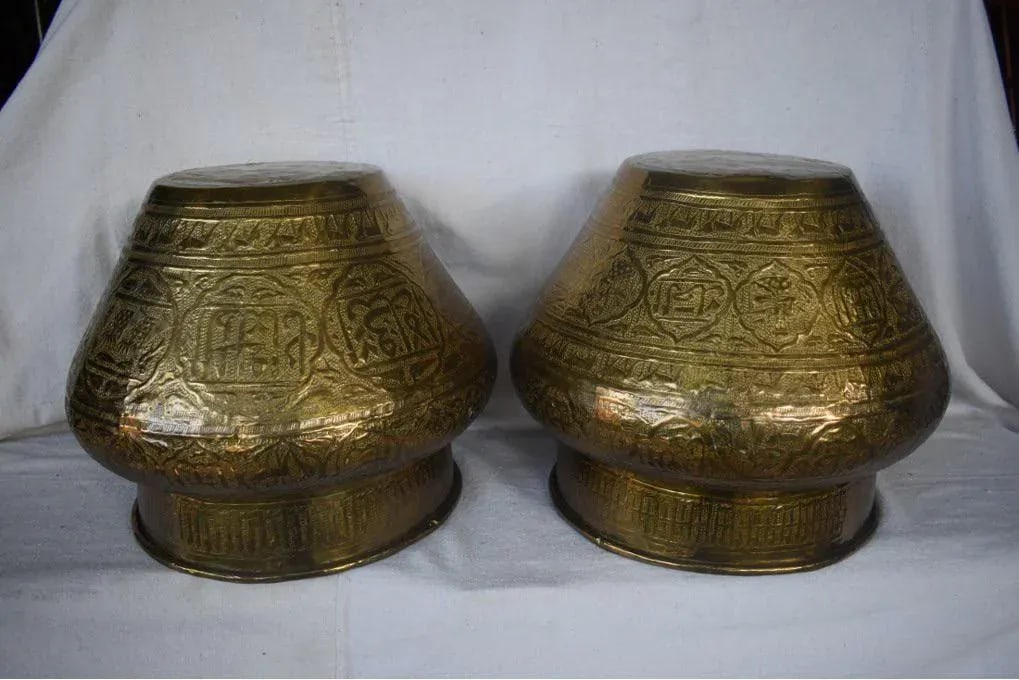 Vintage Syrian Brass Hand-Etched Cachepots - a Pair - 10