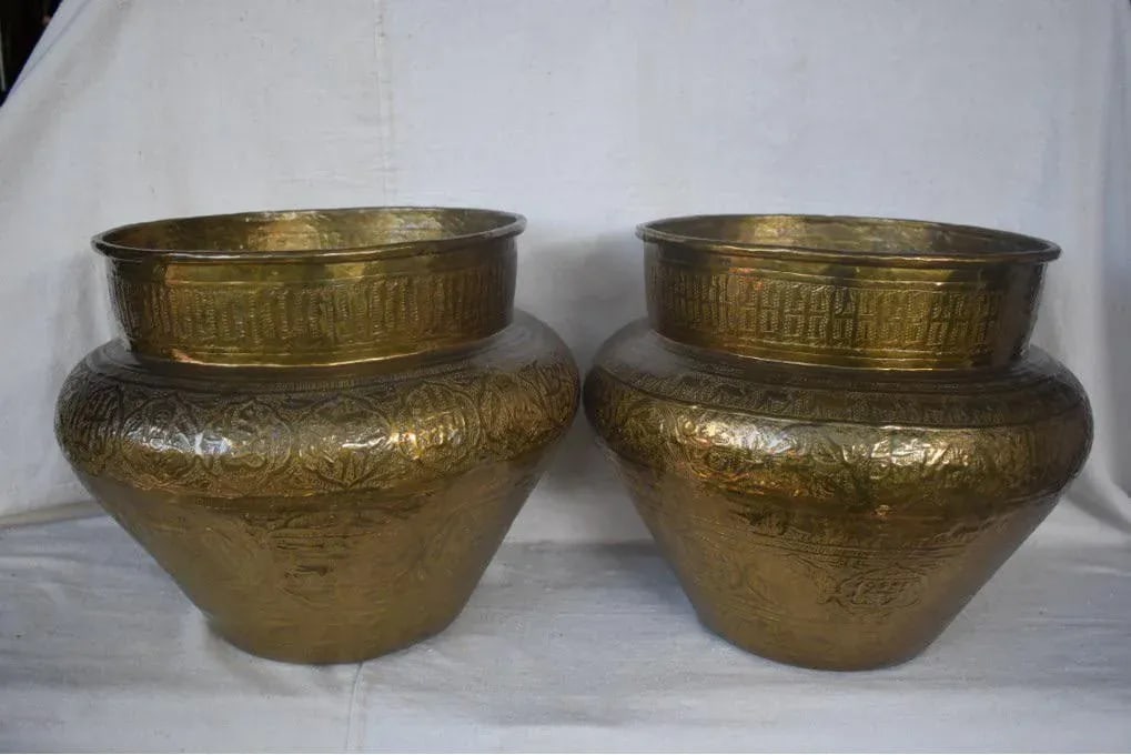 Vintage Syrian Brass Hand-Etched Cachepots - a Pair - 11