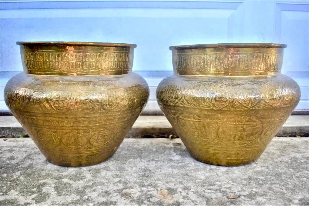 Vintage Syrian Brass Hand-Etched Cachepots - a Pair - 13