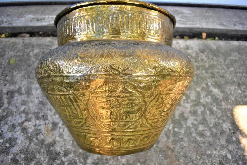 Vintage Syrian Brass Hand-Etched Cachepots - a Pair - 2