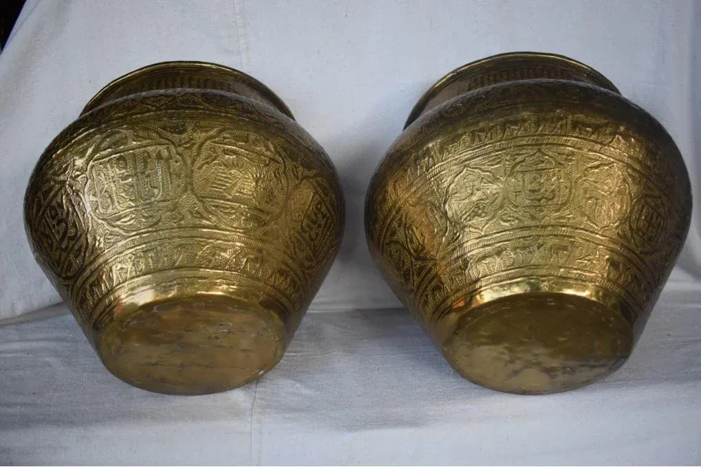 Vintage Syrian Brass Hand-Etched Cachepots - a Pair - 9