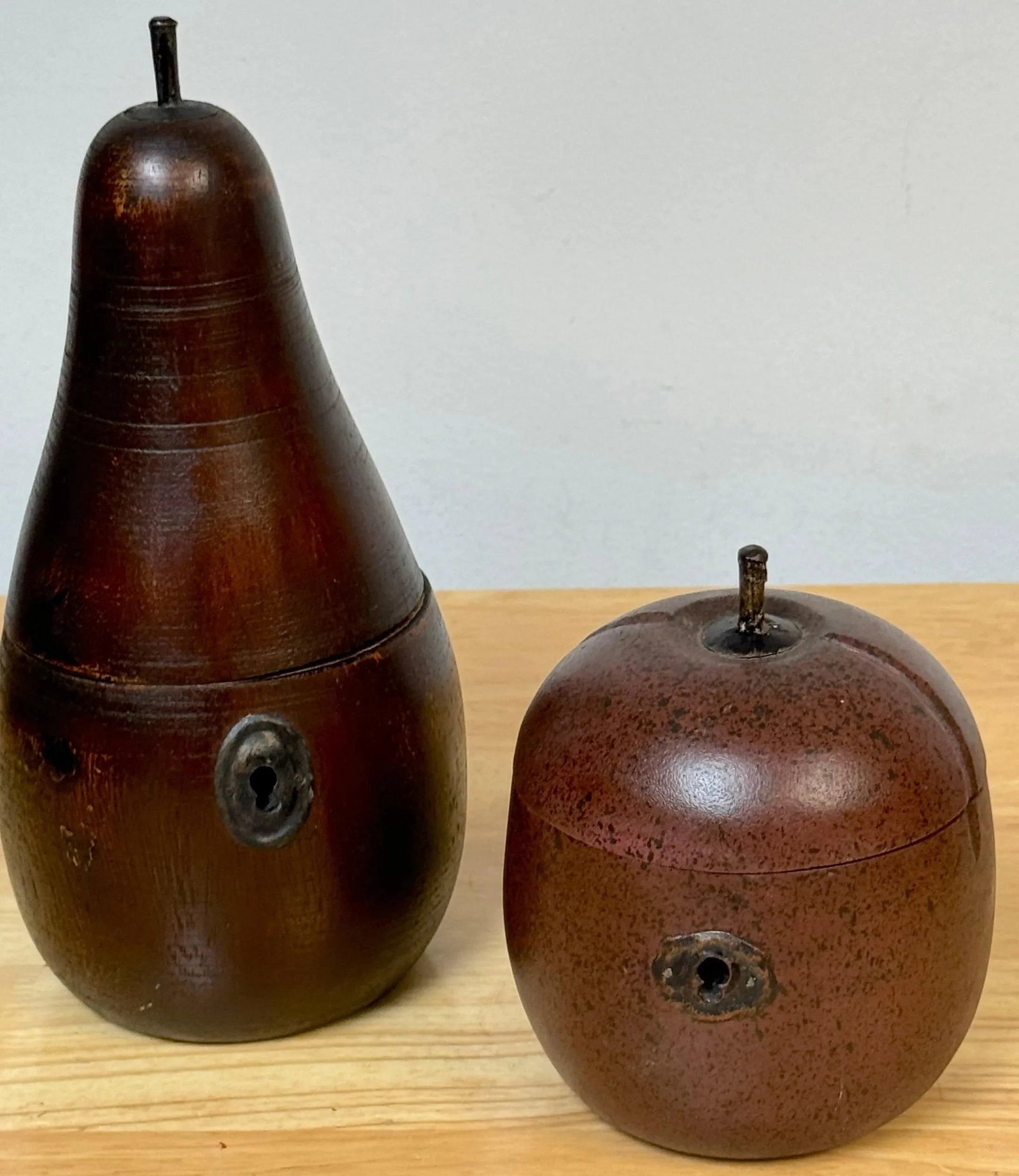 Two 20th C English Style Polychromed Carved Wood Apple & Pear Boxes/Tea Caddies - a Pair - 3