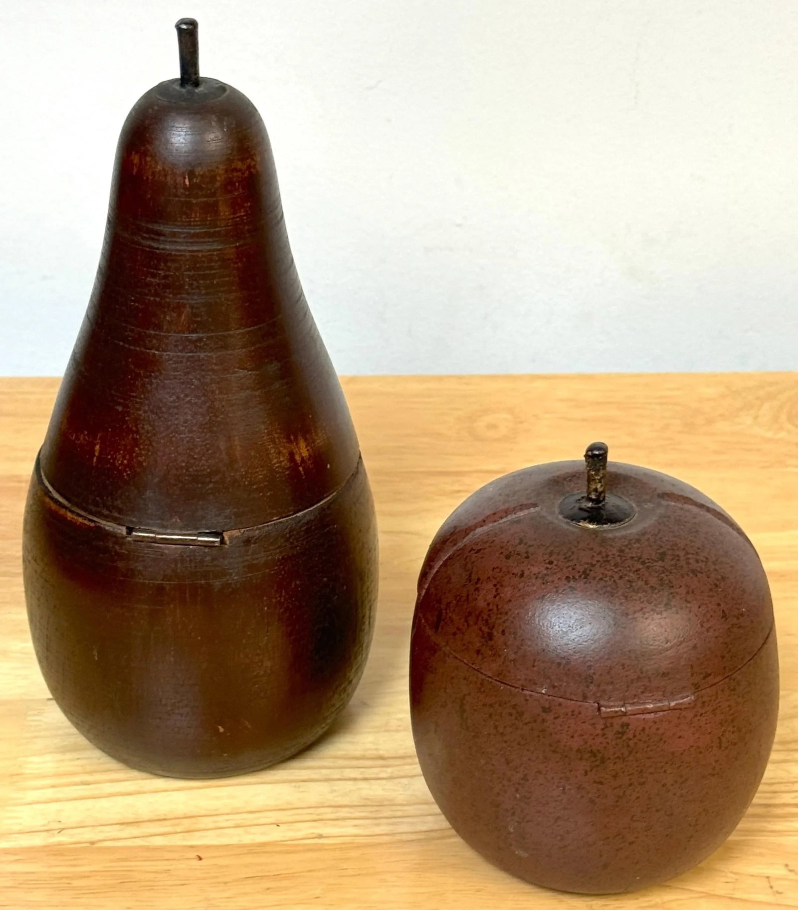 Two 20th C English Style Polychromed Carved Wood Apple & Pear Boxes/Tea Caddies - a Pair - 6