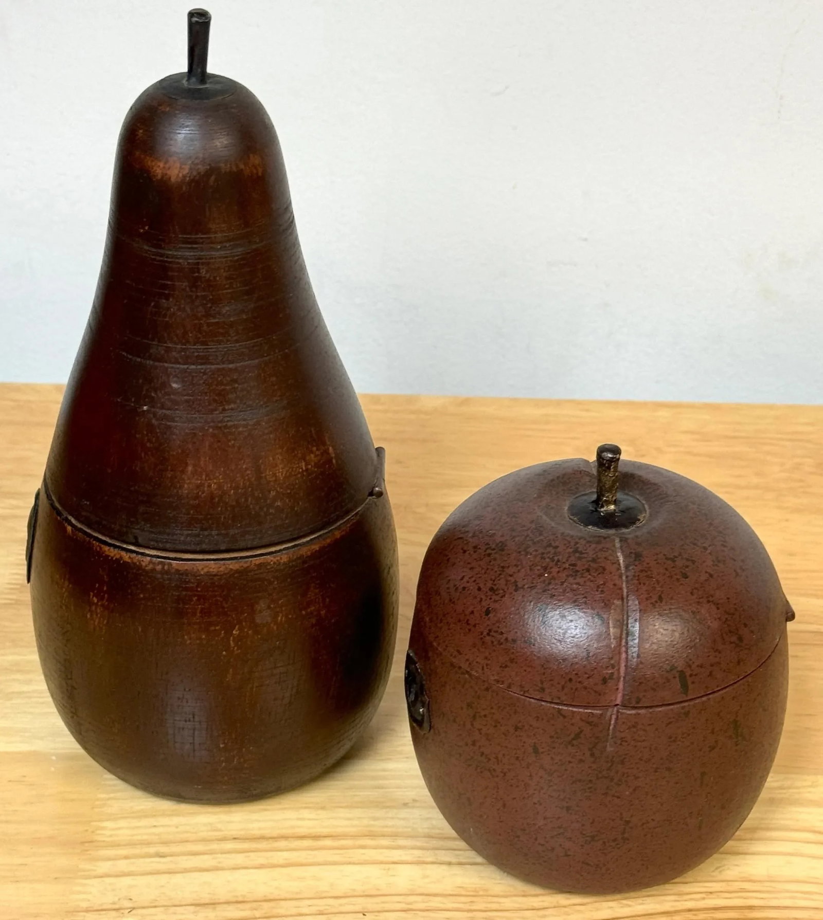 Two 20th C English Style Polychromed Carved Wood Apple & Pear Boxes/Tea Caddies - a Pair - 8