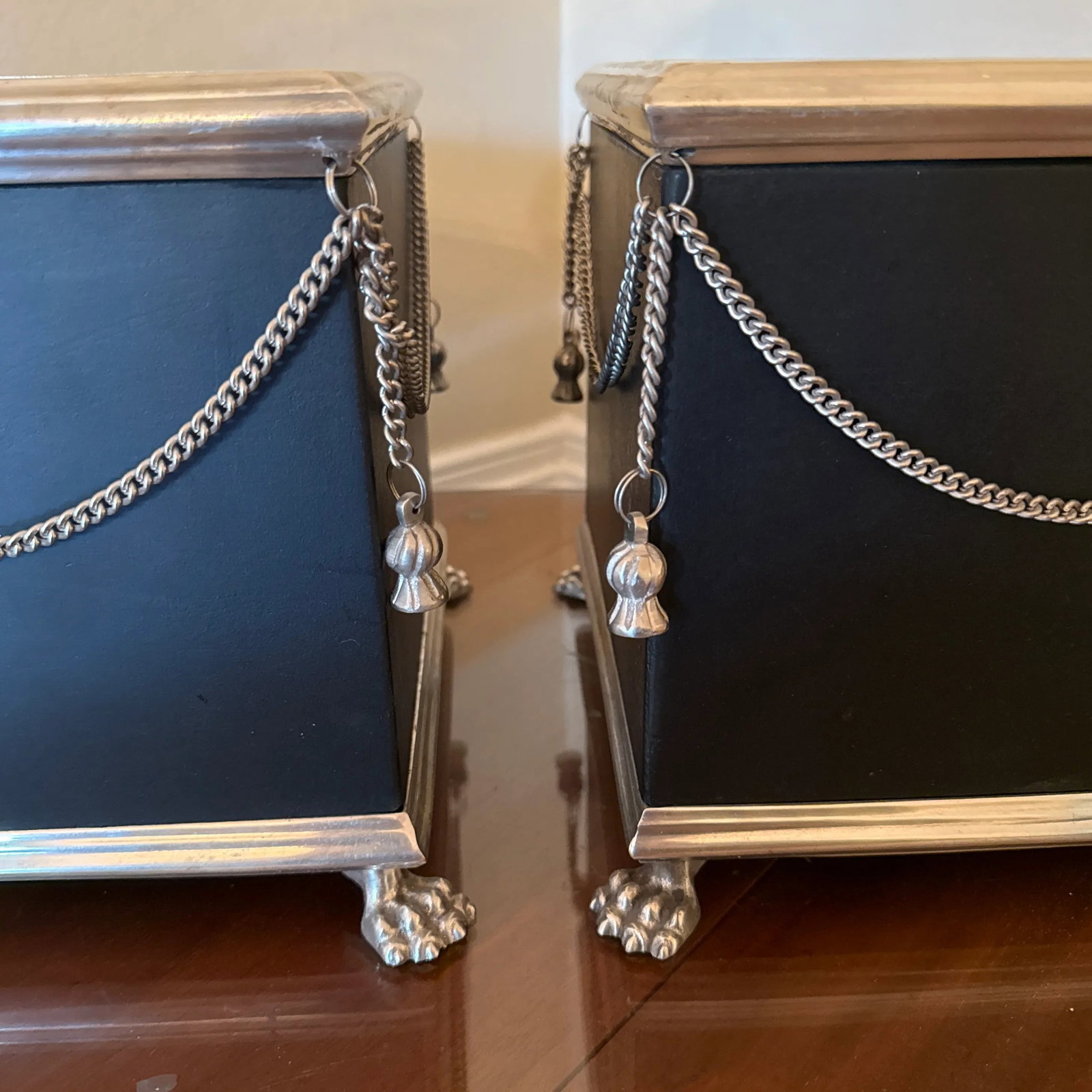 Vintage Italian Style Silver and Black Rope Tassel Footed Planters - Set of 2 - 2