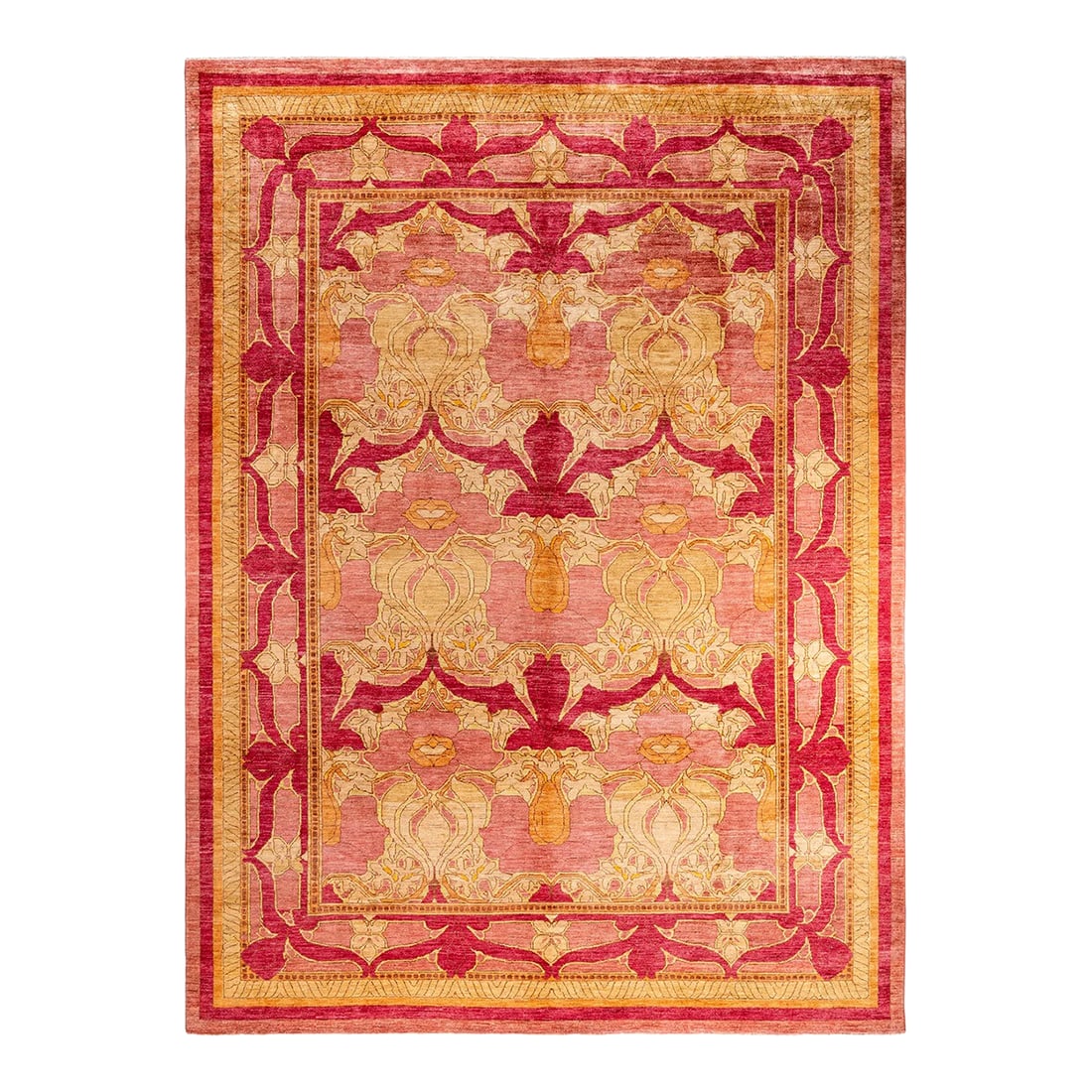 Arts & Crafts, One-of-a-Kind Hand-Knotted Area Rug - Pink, 8' 10" x 11' 10": With simple, bold, yet informal designs and a broad palette of colors that ranges from earthy hues to brilliant gems, the rugs in the Arts & Crafts collection infuse a room with a sense of sophisticat