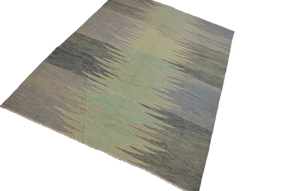 Modern Bauhaus Green Hand-Woven Kilim Wool Rug - 8'8'' * 11'11'' - 2