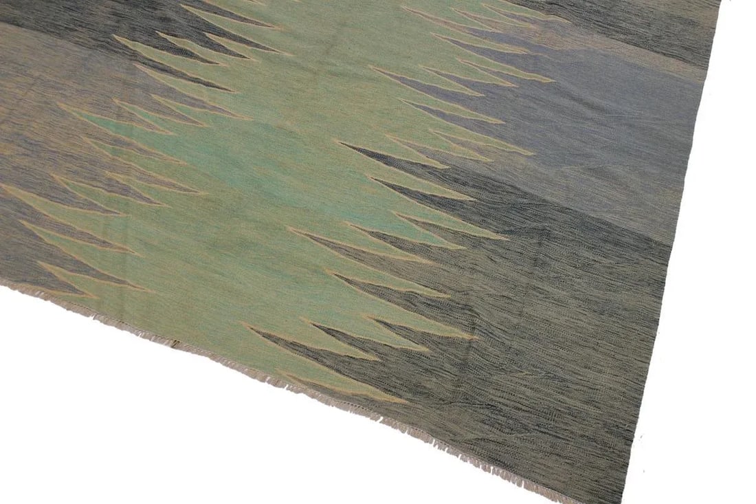 Modern Bauhaus Green Hand-Woven Kilim Wool Rug - 8'8'' * 11'11'' - 3