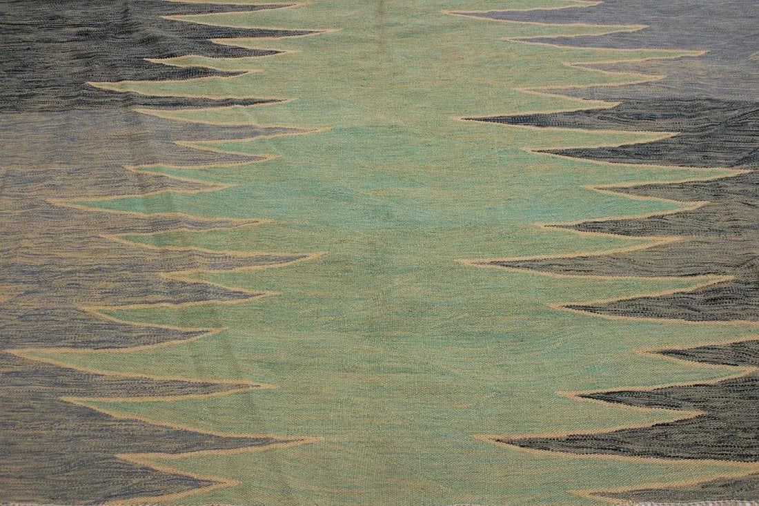 Modern Bauhaus Green Hand-Woven Kilim Wool Rug - 8'8'' * 11'11'' - 5