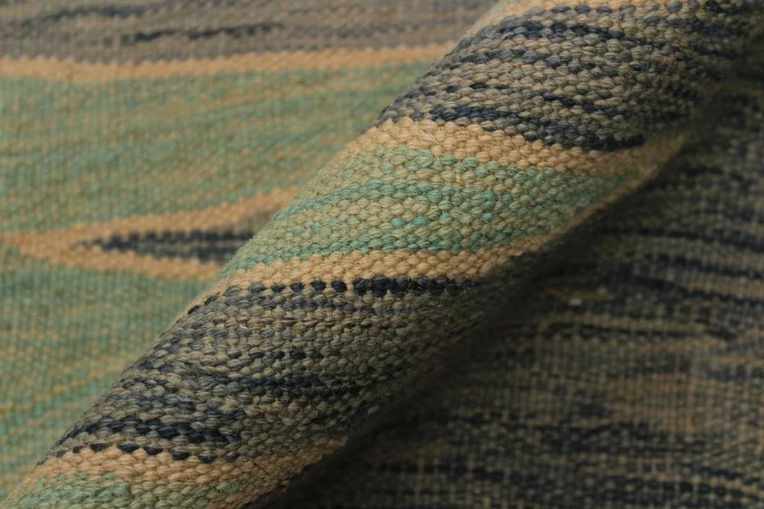 Modern Bauhaus Green Hand-Woven Kilim Wool Rug - 8'8'' * 11'11'' - 6