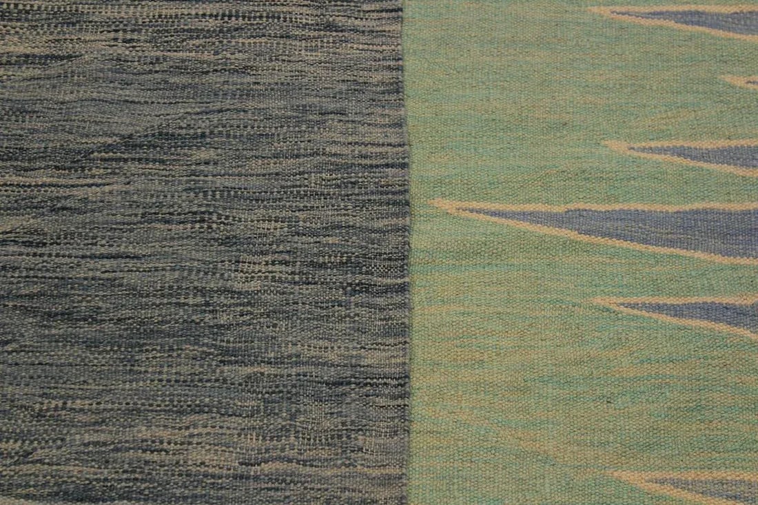 Modern Bauhaus Green Hand-Woven Kilim Wool Rug - 8'8'' * 11'11'' - 7