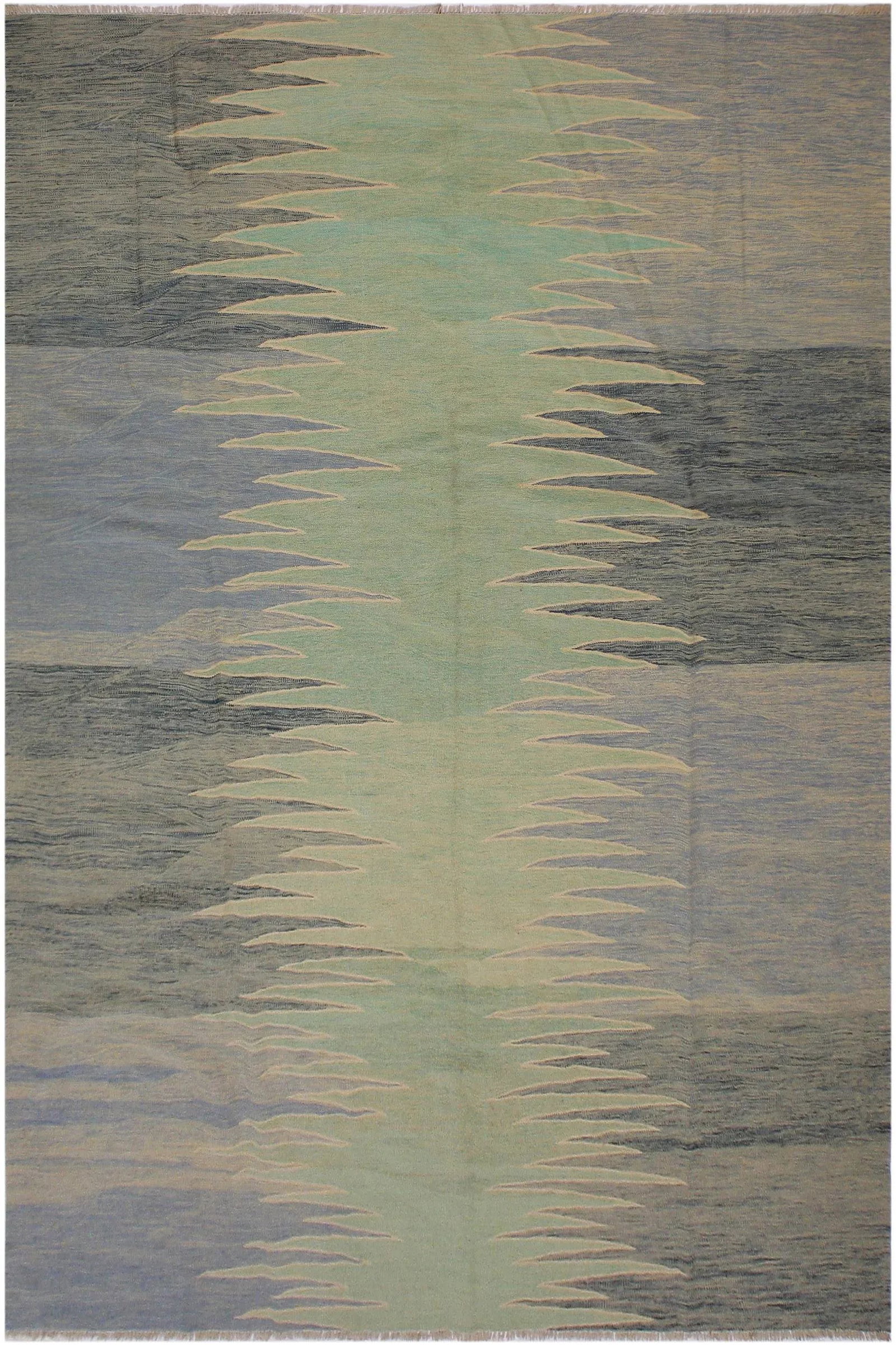 Modern Bauhaus Green Hand-Woven Kilim Wool Rug - 8'8'' * 11'11'' - 8