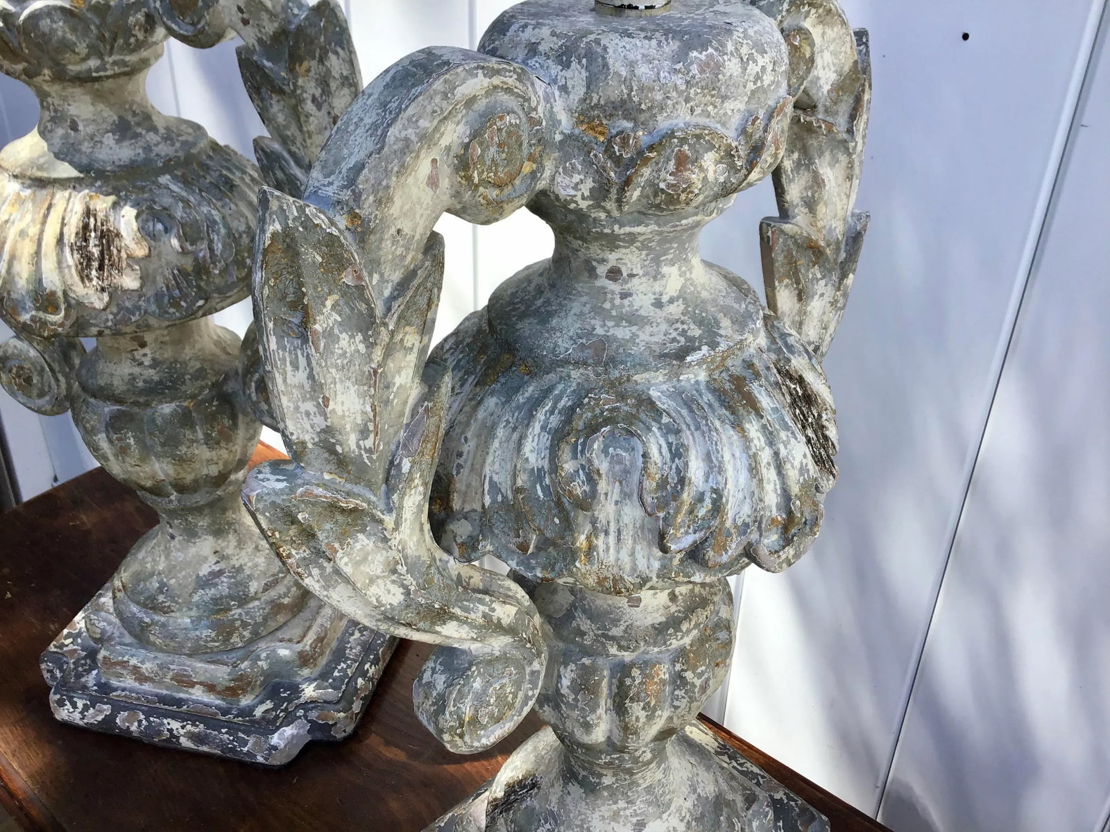 Carved Distressed Wood Italian Urn Table Lamps - 5