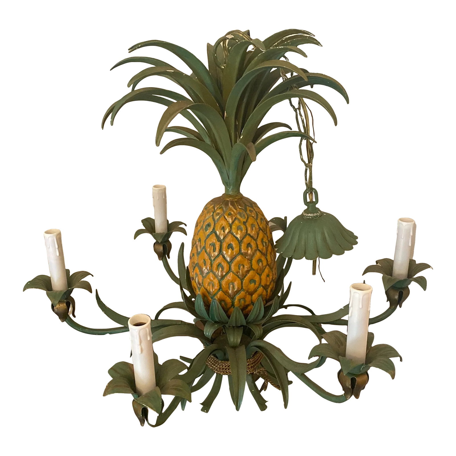 Vintage Italian Style Tole Pineapple 6 Light Chandelier: Vintage tole metal chandelier features tropical pineapple design and tole metal construction. Good condition with minor imperfections consistent with age. Could be repainted easily, taken off a
