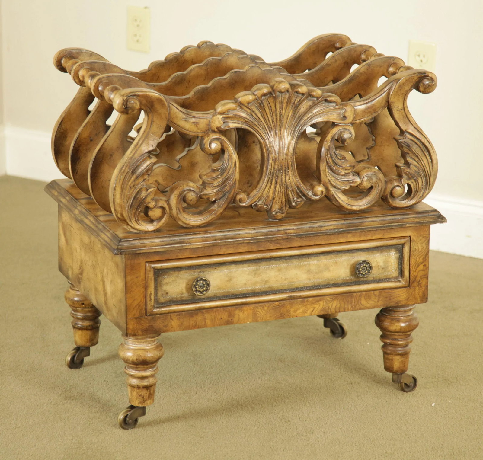 Regency Style Canterbury Magazine Rack With Drawer - 2