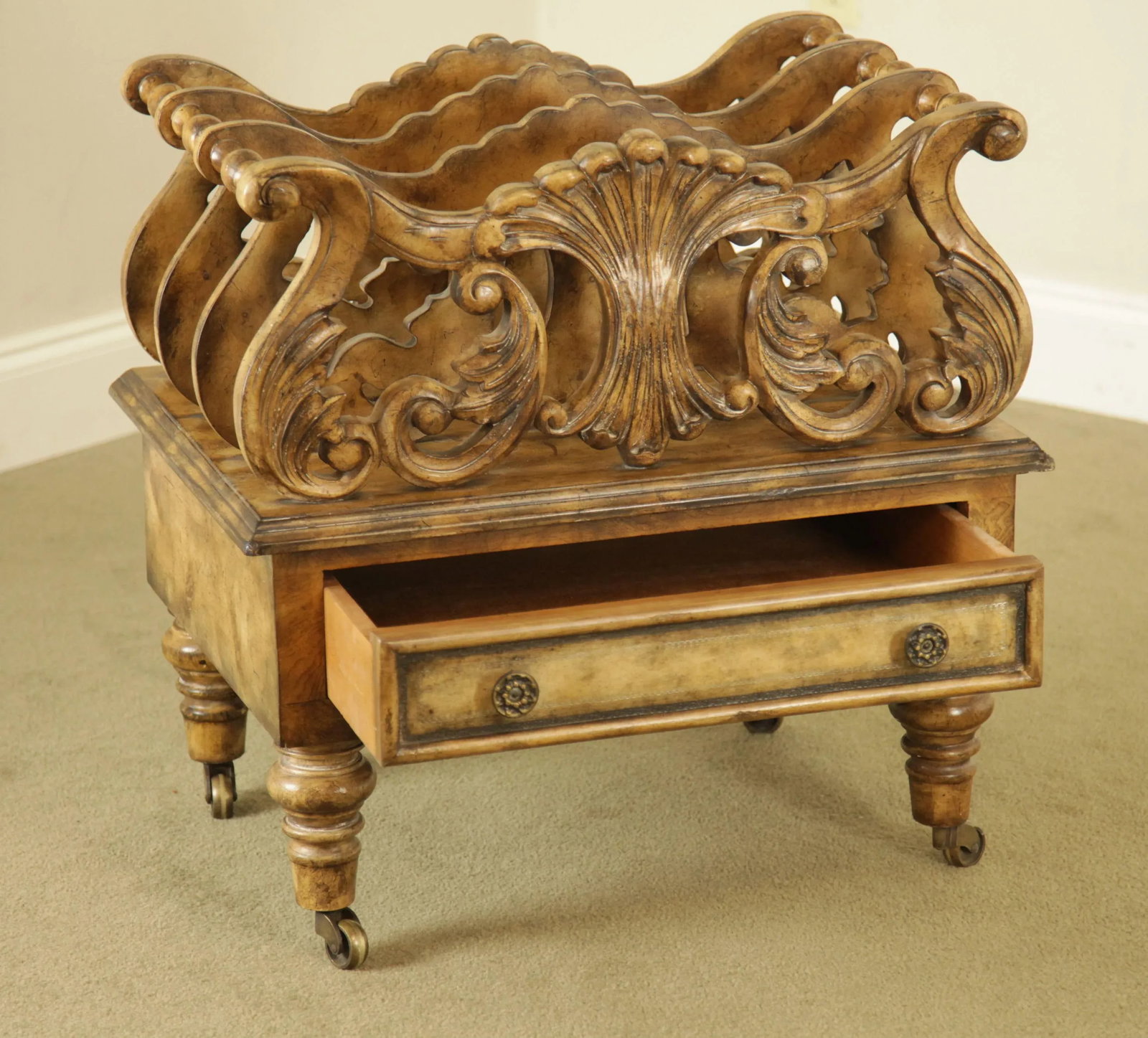 Regency Style Canterbury Magazine Rack With Drawer - 7