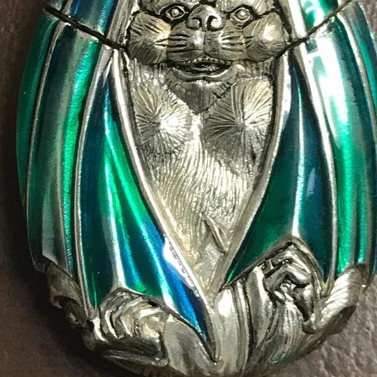Mid 20th Century Silver Plated and Enameled Bat Matchsafe - 8