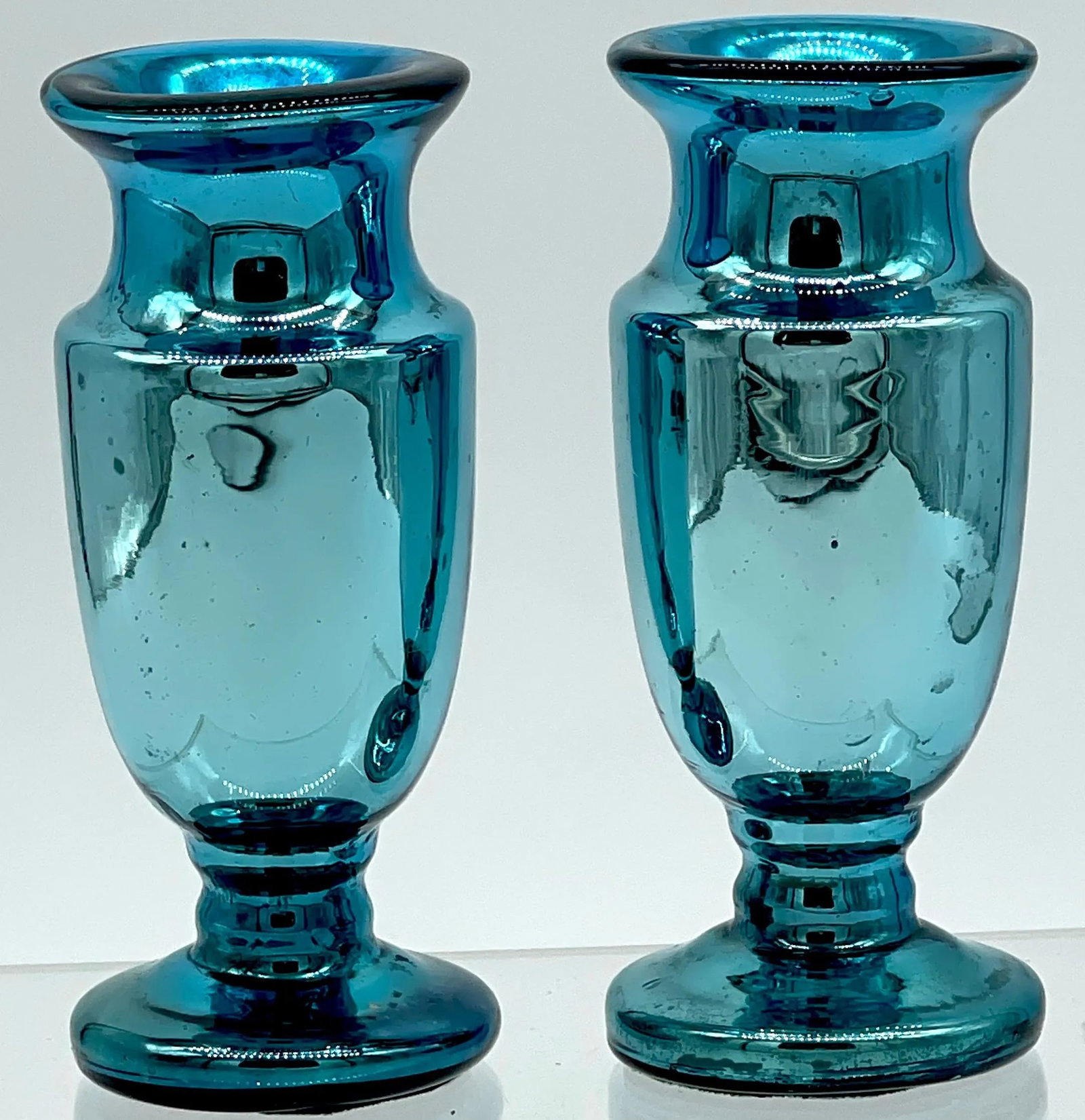 Diminutive Ocean Blue Mercury Glass Vases, France Circa 1900s - a Pair - 4
