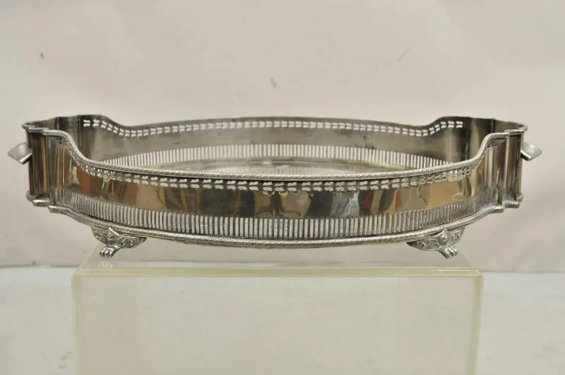 Late 20th Century English Victorian Style Oval Raised Gallery Silver Plated Centerpiece Tray - 12