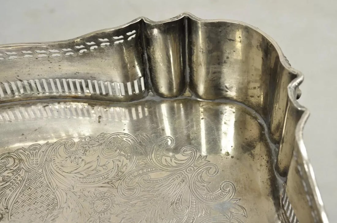 Late 20th Century English Victorian Style Oval Raised Gallery Silver Plated Centerpiece Tray - 7