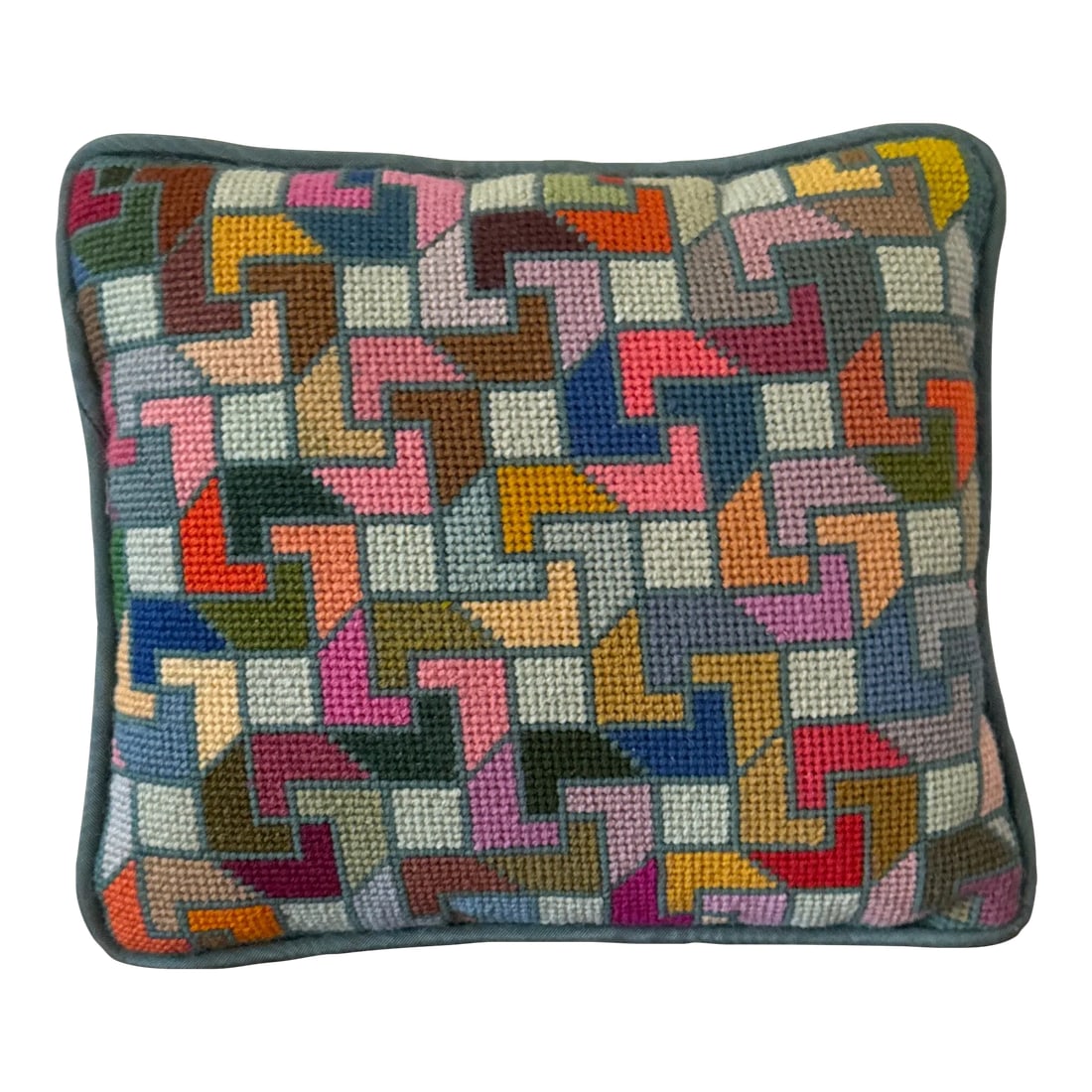 Vintage 1970s Op Art Needlepoint Pillow: Very unusual style midcentury OP art hand knitted needlepoint pillow, very unusual with great details Condition: Alterations: Original Condition Unaltered Imperfections: Some Imperfections Condition